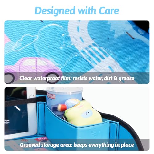 OUOZZZ Kids Travel Tray for Car - Boy's Safety Seat Table, Toddler Road Trip Essentials - Carseat/Airplane Lap Desk with Weight-Relief Strap, Non-Skid Silicone Base, Waterproof Dining/Craft Mat - color: Car
