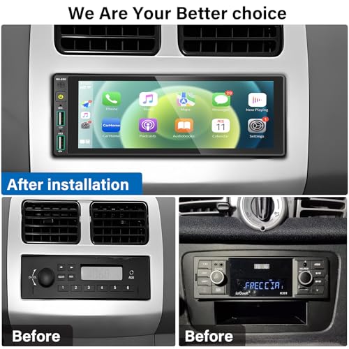 REAKOSOUND 6.9" Single Din Car Stereo with Apple CarPlay & Android Auto, Single Din Touchscreen Radio, Car Stereo with Bluetooth, Backup Camera, GPS Navigation, Mirror Link, FM/AM, EQ, USB, SWC, MIC