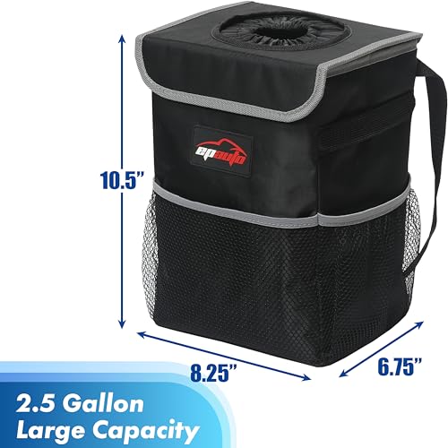 EPAuto Waterproof Car Trash Can with Lid and Storage Pockets, 2.5 Gallon, Black - color: Black