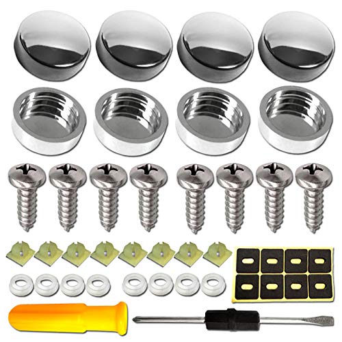 Aootf Stainless Steel License Plate Screws-8PC M6X20mm Rust Resistant Stainless Steel Screw, Self Tapping Car Tag Bolt Fastener for Securing Number Plate Frame, Chrome Caps, Anti-Rattle Pad - color: 8PC Chrome Caps