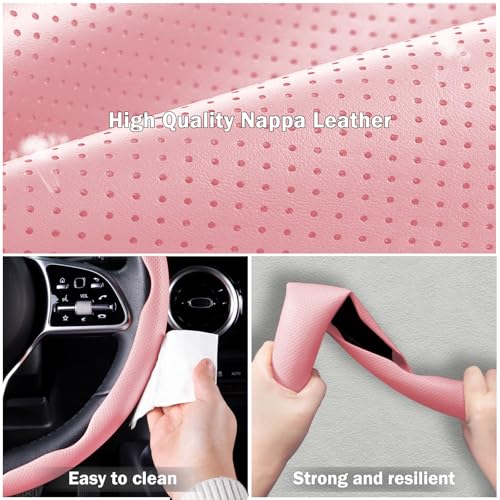 Nappa Leather Car Steering Wheel Cover for Men Women, Ultra-Thin Non-Slip Breathable Microfibre, Universal for 14.5"-15" Steering Wheel - Pink - color: Pink