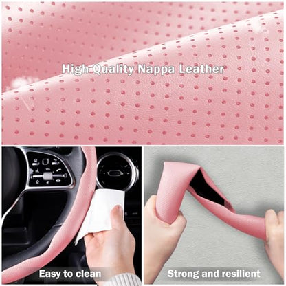 Nappa Leather Car Steering Wheel Cover for Men Women, Ultra-Thin Non-Slip Breathable Microfibre, Universal for 14.5"-15" Steering Wheel - Pink - color: Pink