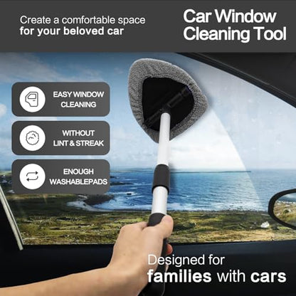 Windshield Cleaner Tool 22.5" L - Car Interior&Exterior Window Cleaning Kit with Extendable Handle&4 Microfiber Pads and Thick Large Wash Sponge, Auto Glass Wiper Brush Kit for Cars Home (7pcs Grey) - color: Grey