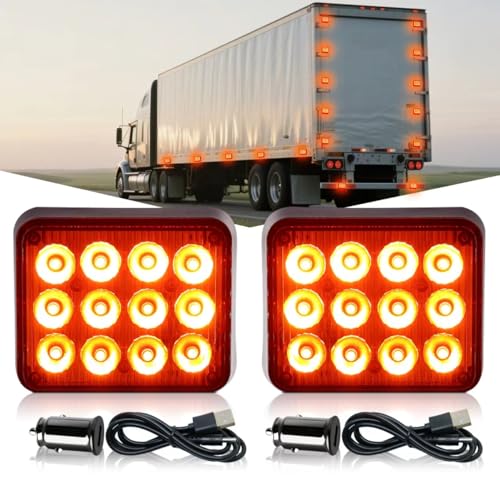 2PCS Amber LED Emergency Strobe Lights, Magnetic Strobe Flashing Beacon Lights Rechargeable Wireless Battery Powered 12-LED Caution Safety Warning Lights for Trucks Trailers Car Van ATV Tow - color: Amber