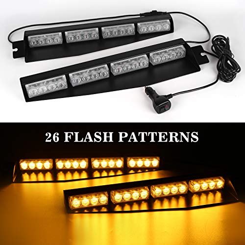 ASPL 32LED Visor Lights 26 Flash Patterns Windshield Emergency Hazard Warning Strobe Beacon Split Mount Deck Dash Lamp With Extend Bracket (Amber) - color: Amber
