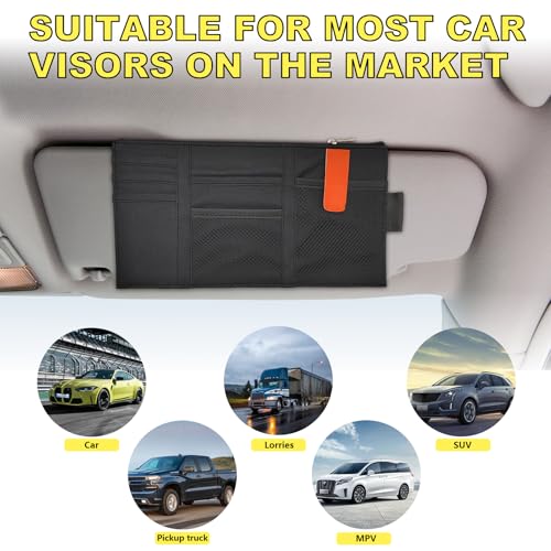 Povtii 2 PCS Car Sun Visor Organizer, Oxford Cloth Multi-Pocket Storage Holder with Zipper, Auto Visor Storage Net Pouch for Card Note Phone Registration, Car Accessories (Black)
