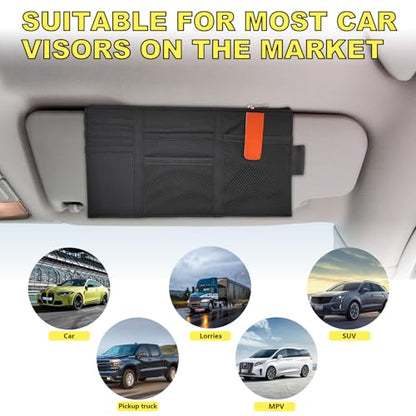 Povtii 2 PCS Car Sun Visor Organizer, Oxford Cloth Multi-Pocket Storage Holder with Zipper, Auto Visor Storage Net Pouch for Card Note Phone Registration, Car Accessories (Black)