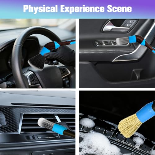 3PCS Car Detailing Brush Set, Ultra Soft Scratch-Free Boar Hair Detailing Brushes with Elbow, Auto Interior Exterior Cleaning Tool for Wheel Air Vent Leather Seat, Universal Fit (Blue) - color: Blue