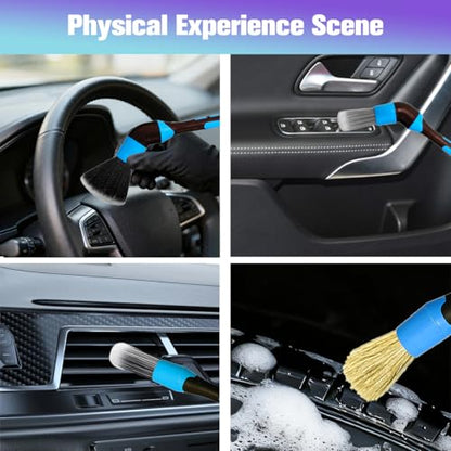 3PCS Car Detailing Brush Set, Ultra Soft Scratch-Free Boar Hair Detailing Brushes with Elbow, Auto Interior Exterior Cleaning Tool for Wheel Air Vent Leather Seat, Universal Fit (Blue) - color: Blue
