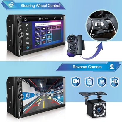 Wireless Double Din Car Stereo Works with Apple Carplay,7 Inch HD 1024 * 600 Touchscreen with Bluetooth 5.1,FM Car Radio,GPS Navigation,Backup Camera,Android Auto,Voice Control,USB/AUX/TF/SWC
