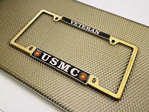 [Officially Licensed US Marine Corps Product] - USMC Veteran - Domed Custom-Made Personalized Narrow (Thin) Top 4 Hole Metal Car License Plate Frame with Free caps - Gold Frame (Qty: 1) - color: Gold - Style 1