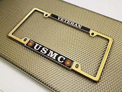 [Officially Licensed US Marine Corps Product] - USMC Veteran - Domed Custom-Made Personalized Narrow (Thin) Top 4 Hole Metal Car License Plate Frame with Free caps - Gold Frame (Qty: 1) - color: Gold - Style 1