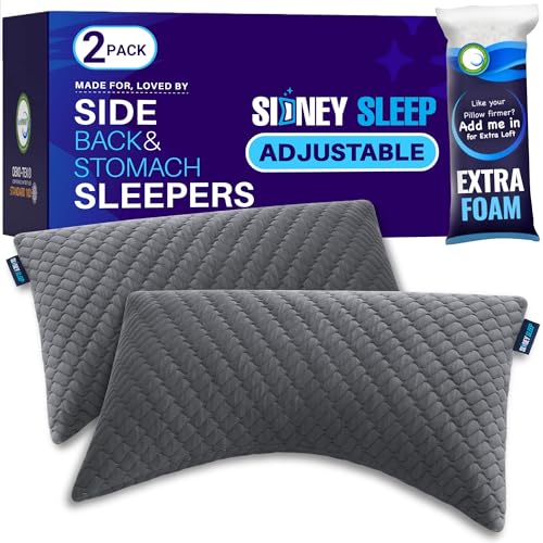 Sidney Sleep Set of 2 Queen Size Bed Pillows for Side and Back Sleepers - Adjustable Filling - Memory Foam Pillows for Neck and Shoulder Pain - Customizable Loft - Extra Foam Included (Grey) - color: Grey, size: Queen (Pack of 2)