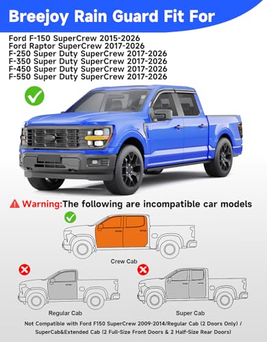 Out-Channel Window Rain Guards Fit for 2015-2026 Ford F150 & 2017-2026 Raptor/F-250/F-350/F-450/F-550 SuperCrew, Full Size Vent Visors Window Deflector Vent Shades Truck-4PCS with Thicker - size: Fit for 2015-2025 F150/2017-2025 F250-f550