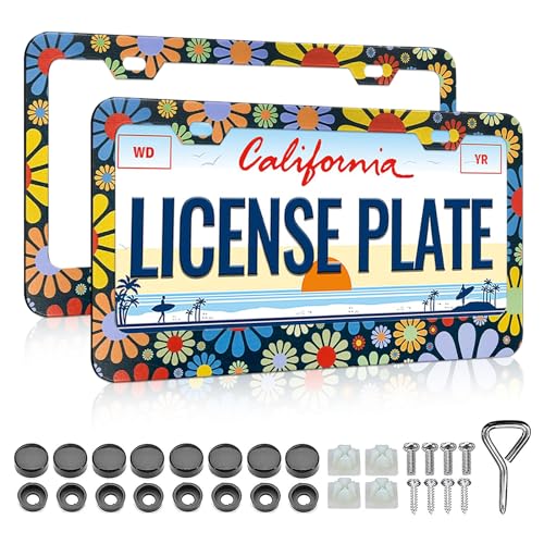 LIN KANG Colorful Hippie Flowers License Plate Frame - 2 Pack Women Car Plate Holder Cover Cute Daisy Blossom Decorative Aluminum Car Tag Frames Fit US Vehicles - color: Colorful Flowers A