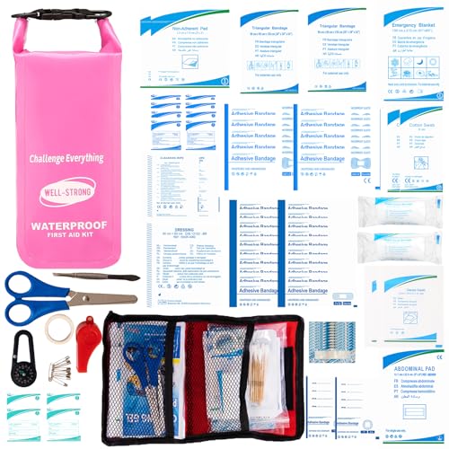 Boat First Aid Kit Waterproof, WELL-STRONG Marine Emergency Kit with Roll Top Dry Bag for Boating Fishing Kayaking – Water-Resistant Contents for Camping & Beach（Pink） - color: Ws011-pink