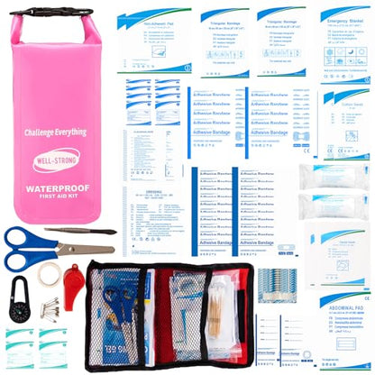 Boat First Aid Kit Waterproof, WELL-STRONG Marine Emergency Kit with Roll Top Dry Bag for Boating Fishing Kayaking – Water-Resistant Contents for Camping & Beach（Pink） - color: Ws011-pink