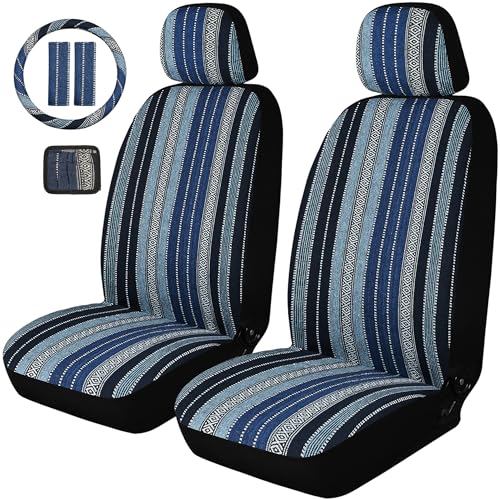 Baja Saddle Blanket Car Seat Covers, Boho Striped Woven Front Seat Protectors, Breathable & Washable Interior Covers, Universal Fit for Most Cars SUVs Trucks, Airbag Compatible, Blue, 8 pcs. - color: BLUE