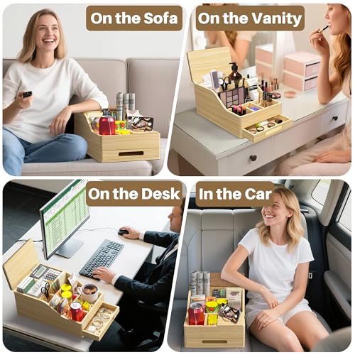 Couch Caddy with Cup Holders, Multi-Use Sofa Table with Flip Top Push-Pull Drawer, Sturdy Pine Wood Hold Hands Couch Cup Holder for Car, Living Room, Bedroom, Vanity