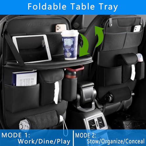Backseat Car Organizer with Tray Foldable, Tissue Holder, Cup Holder, Leather Seat Back Car Storage Organizer for Family, Kids, Travel, Office Use, Universal Fit Sedans SUVs most Vehicles (Black-1PC)