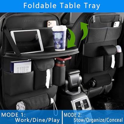 Backseat Car Organizer with Tray Foldable, Tissue Holder, Cup Holder, Leather Seat Back Car Storage Organizer for Family, Kids, Travel, Office Use, Universal Fit Sedans SUVs most Vehicles (Black-1PC)