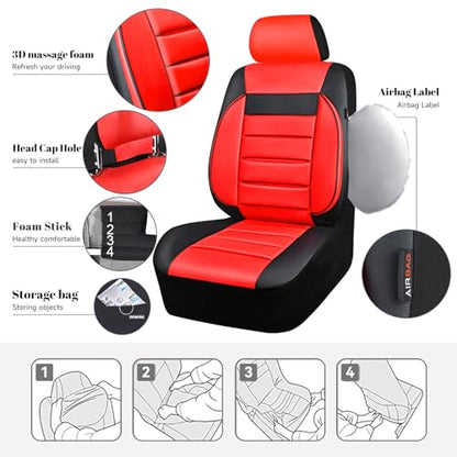 CAR PASS Leather Seat Covers Full Set Universal Water Resistant 3D Foam Back Support, Luxury Comfort Automotive 5 Seat Covers All Season Fit for SUV,Sedan,Van, Airbag Compatible Elegance (Black Red) - color: Black and Red