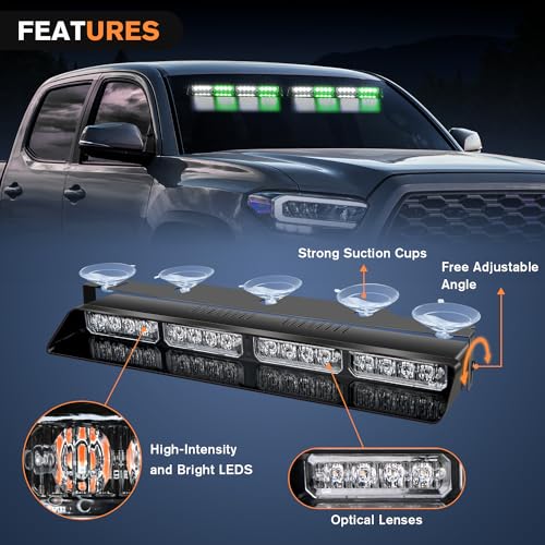 Nilight 32LED Green White Emergency Dash Strobe Lights with Controller Suction Cups Warning Hazard Interior Front/Rear Windshield Deck Split Light Bar for Truck Construction Vehicle - color: Green and White