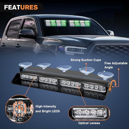 Nilight 32LED Green White Emergency Dash Strobe Lights with Controller Suction Cups Warning Hazard Interior Front/Rear Windshield Deck Split Light Bar for Truck Construction Vehicle - color: Green and White