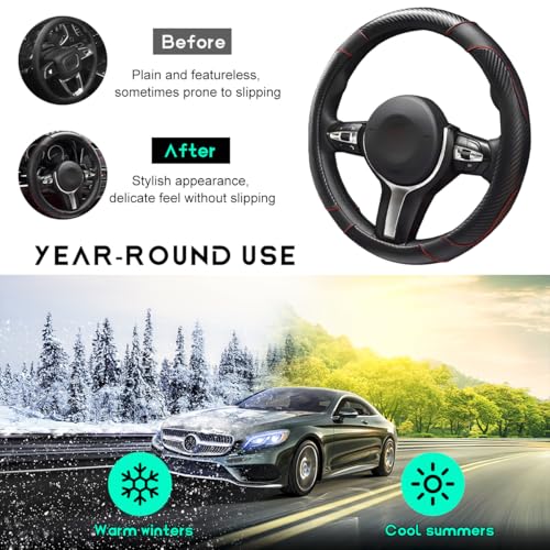 Car Steering Wheel Cover, 15 inch Carbon Fiber Microfiber Leather Elastic Steering Wheel Protector, Breathable Anti-Slip Comfortable Steering Wheel Covers for Most Cars (Black) - color: Black