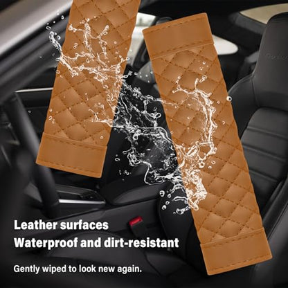 2PCS Car Seat Belt Cover Pad,Soft Leather Seatbelt Covers Breathable Seatbelt Cushion with Plaid Design,All Seasons Universal Car Interior Accessories Seat Belt Cover for Kids & Adults (Brown) - color: Brown