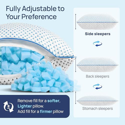 Cooling Shredded Memory Foam Travel & Camping Pillow Large, Adjustable College Dorm Pillow for Home-Like Comfort,Compressible Portable & Medium Firm Neck Support, Ideal Sleeping, Car, Airplane - size: L - 23 x 16 Inch
