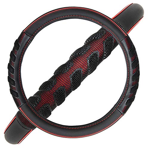 Flying Banner car Steering Wheel Cover Faux Leather Massage Universal fit 3D Honeycomb Hole Anti-Slip Sporty 15 Inches (Red Black) - color: Red black