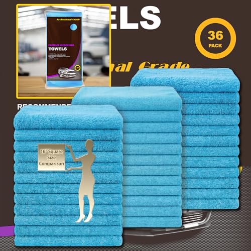 Blue Large Microfiber Cleaning Towels, 36-Pack Dual-Sided Ultra Soft Plush Washcloth, Professional Grade Premium Microfiber Car Cleaning Cloths, Car, Household and Commercial (Sky Blue, 16" X 16") - color: Sky Blue, size: 16" x 16"