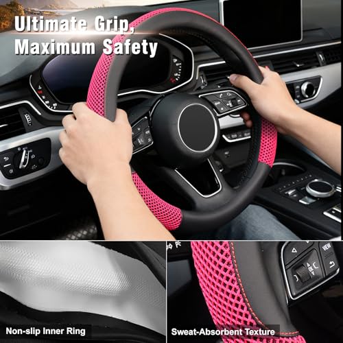 KAFEEK 15 inch Steering Wheel Cover, Cooling Ice Silk Mesh with Microfiber Leather, Heat Resistant, Breathable, Anti-Slip, Summer Cool, Universal Fit, Black & Red - color: red, size: Standard Size[14.5"-15"]