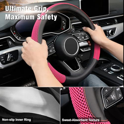 KAFEEK 15 inch Steering Wheel Cover, Cooling Ice Silk Mesh with Microfiber Leather, Heat Resistant, Breathable, Anti-Slip, Summer Cool, Universal Fit, Black & Red - color: red, size: Standard Size[14.5"-15"]