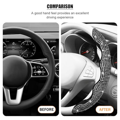 Bling Car Steering Wheel Cover, Rhinestones Non-Slip 15 Inches Vehicle Wheel Cover, Diamond Sparkling Steering Protector for Women Girls, Universal Automotive Accessories (White) - color: White