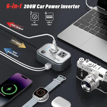 200W Car Power Inverter, FOVAL 12V DC to 110V AC Car Inverte with 4 USB Ports Car Outlet Adapter, Power Inverter for Vehicles, Car Plug Adapter Outlet for Laptop Computer Charger (Gray) - color: Grey