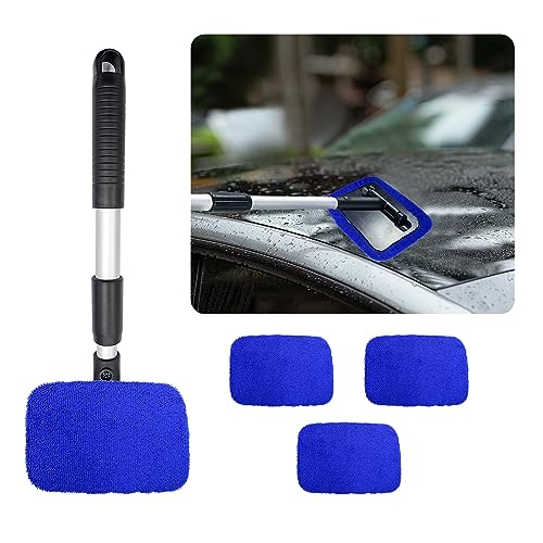 Ziciner Car Windshield Cleaner, Microfiber Auto Cleaning Wiper with Aluminum Extendable Handle and 2 Washable Reusable Cloth Pad Head, Universal Vehicle Interior Exterior Cleaner Kit (Blue-Rectangle) - size: Blue-rectangle