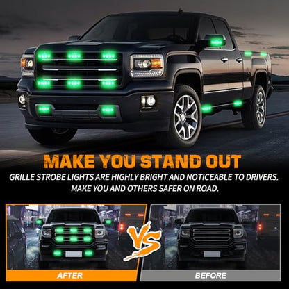 XRIDONSEN 8PCS Sync Truck Grill Strobe Lights 32 LED Green Emergency Lights Grille Surface Mount Strobe Flashing Warning Hazard Caution Safety Light for Tow Plow Trucks Construction Vehicles Car - color: Green