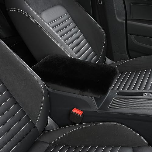Genuine Sheepskin Center Console Cover Pad Genuine Furry Fluffy Wool Fur Car Armrest Cover Protector Universal Fit for SUV/Truck/Car - color: Shearling-Black