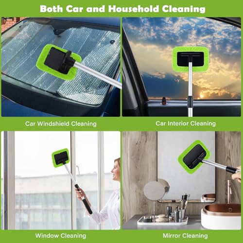 Frienda 3 Set Windshield Cleaner Tool Inside Car Window Cleaner Tool with 3 Extendable Handle 9 Reusable Microfiber Pads and 3 Spray Bottles for Auto Home Interior Exterior Glass Cleaning(Green) - color: Green