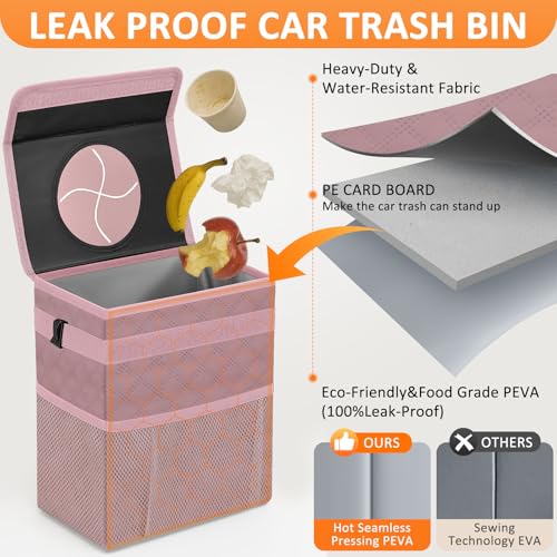 Vankor Car Trash Can Cute Trash Bag Bin Hanging Waterproof Automotive Garbage Cans Leak Proof Vehicle Trash Can Diamond Pattern-Pink - color: Quilted-Pink, size: 2.2 Gallons