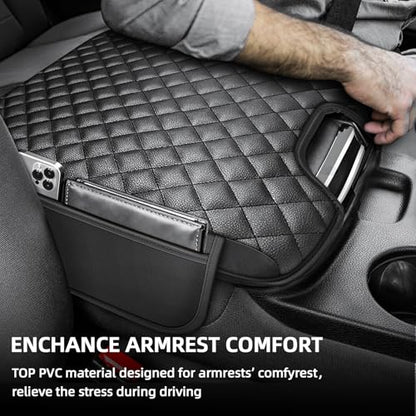 Center Console Cover Fit for 2013-2018 Dodge Ram 1500 & 2013-2024 Ram 2500/3500/1500 Classic Model for Jump Seat Console, Comfortable Armrest Pad, Middle Console Cover with 2 Side Pockets - style: A: Jump Seat Console 2013-2018 Ram Black Leather（with 2 Si