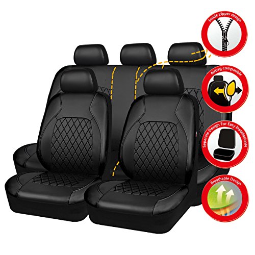 Universal Deluxe Pu Luxury Vinyl Faux Leather Car Seat Covers Full Set, Airbag Compatible, Breathable, Fit for Cars, Trucks, SUV (All Black) - color: Black and Black, size: Full Set