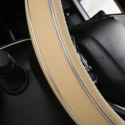 ALEMODR Buff Leather Steering Wheel Cover Fiber Strip Car Steering Wheel Cover Universal 15 inch - color: Buff