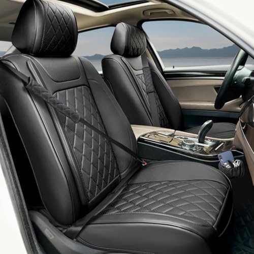 BEITK 2 Pack Leather Front Car Seat Covers,Universal Breathable Full Surround Leather Car Seat Cover Protector,Split Waterproof Luxury Auto Black Seat Cover Cushion for Sedan Cars Pick-up Trucks SUV - color: Seat Cover Front Pair Black