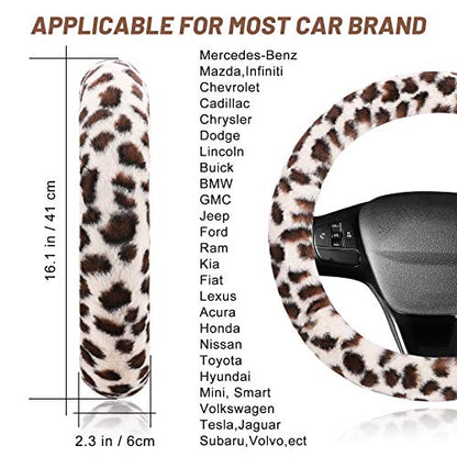 Fuzzy Steering Wheel Cover for Women Girls, Accmor Universal Fit 15 inch Fur Car Wheel Cover & Handbrake Cover & Gear Shift Cover Set, Fashion Leopard Winter Warm Fluffy Vehicle Wheel Protector - color: Beige/Dark Brown Leopard