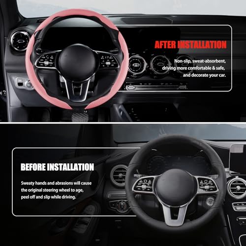 Nappa Leather Car Steering Wheel Cover for Men Women, Ultra-Thin Non-Slip Breathable Microfibre, Universal for 14.5"-15" Steering Wheel - Pink - color: Pink