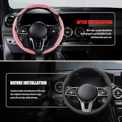 Nappa Leather Car Steering Wheel Cover for Men Women, Ultra-Thin Non-Slip Breathable Microfibre, Universal for 14.5"-15" Steering Wheel - Pink - color: Pink