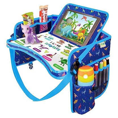 Kids Travel Tray - Waterproof Car Table with No-Drop Large Tablet Holder - Car Seat Tray - Road Trip Must Haves - Lap Desk Kids Organizer for Airplane - Toddler Travel Activities (Blue) - color: DINOSAUR